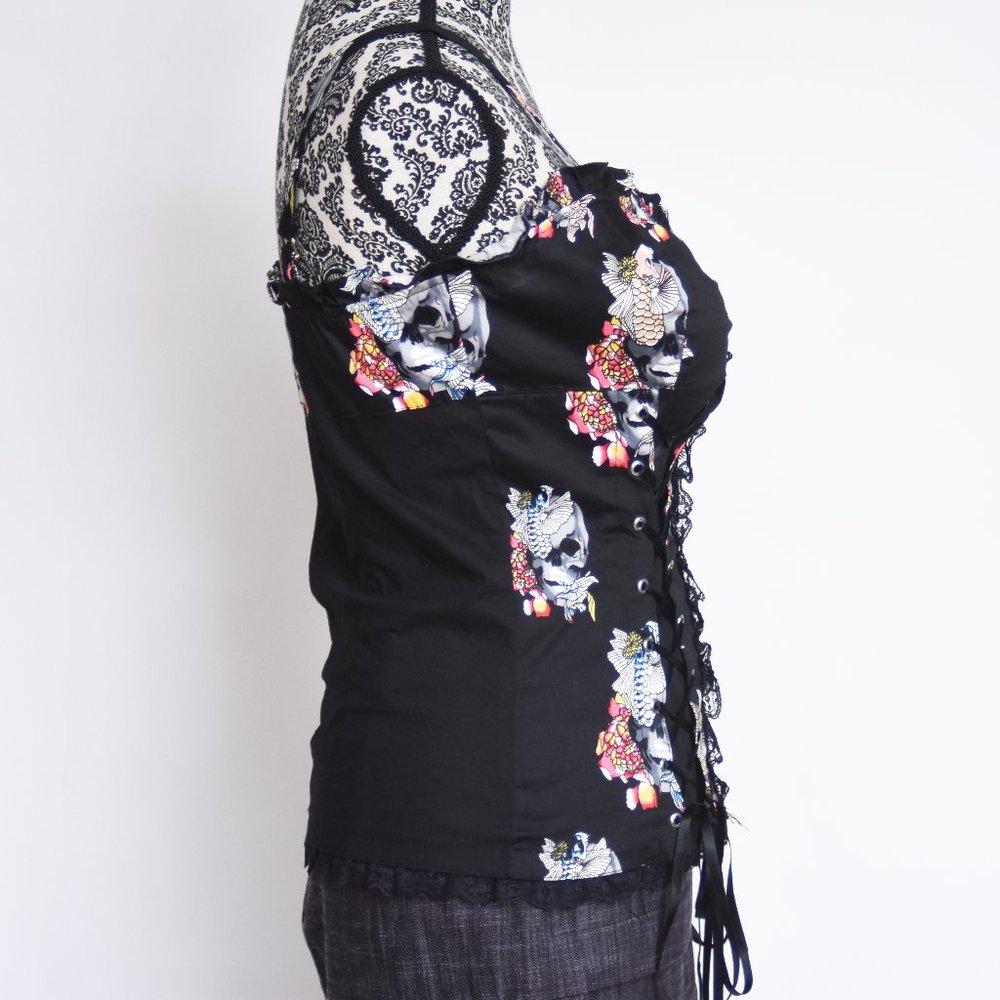 Royal Bones Skull and Koi Fitted Corset Top w/Hook Eye Closure Large - Picture 7 of 10